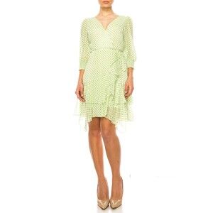 Maison Tara Green and Ivory Polka Dot Wrap Long Sleeve Ruffle Hem Dress Sz 16 **
